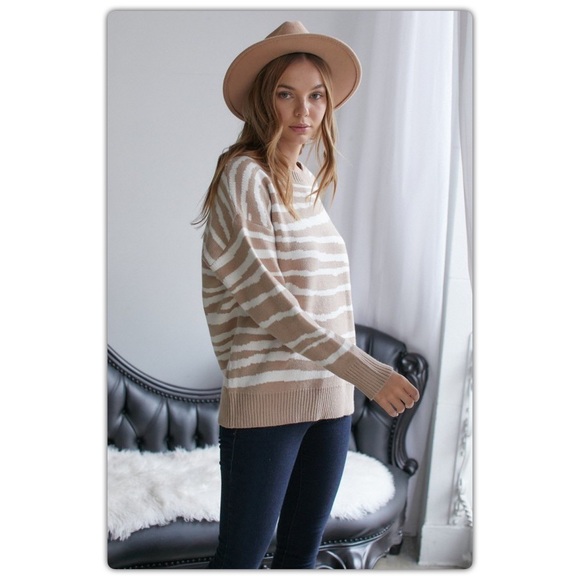 Tan and White Zebra Striped Sweater - Picture 5 of 8